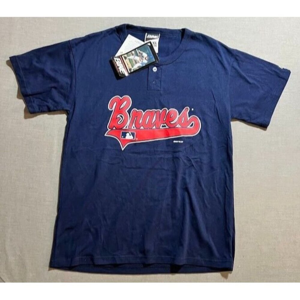 Vintage Atlanta Braves Bike Athletics Baseball Jersey XL Blue Logo Short Sleeve.